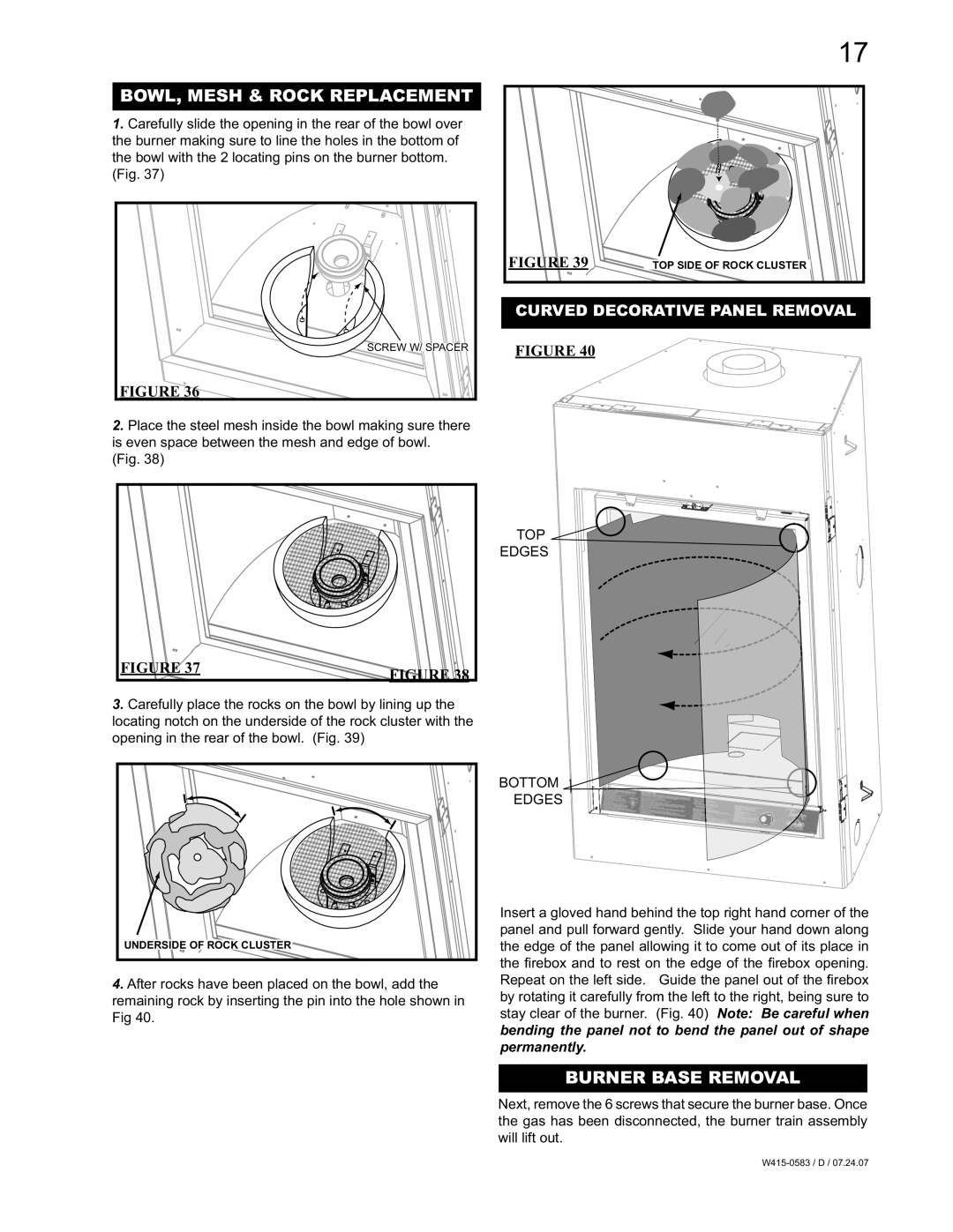 Napoleon Fireplaces GD82NT-T, GD82PT-T manual BOWL, Mesh & Rock Replacement, Burner Base Removal 