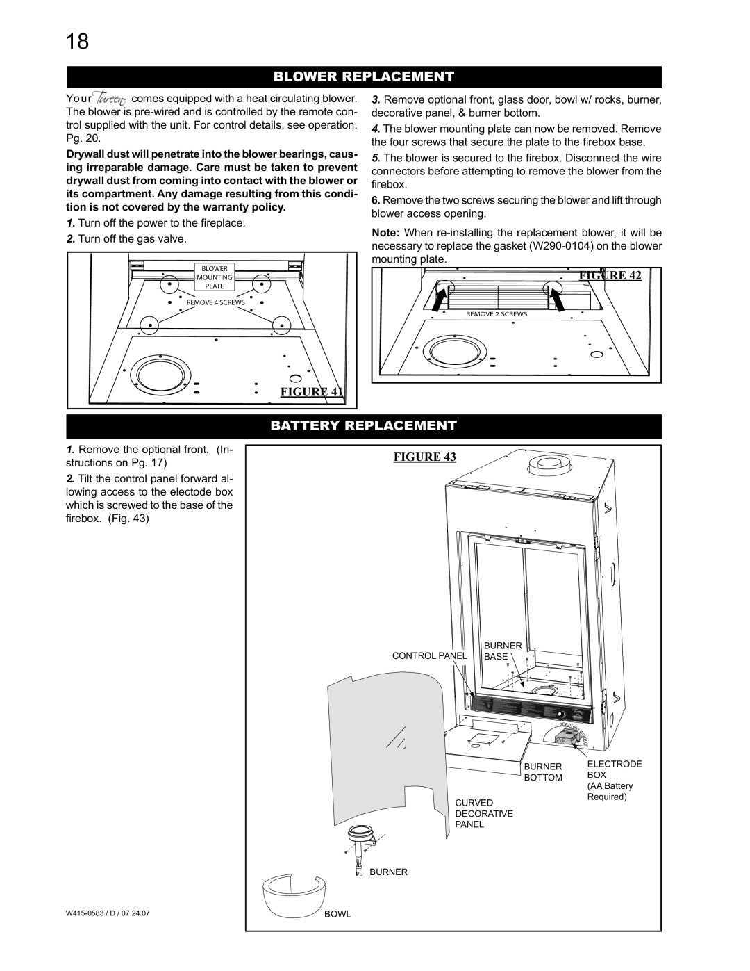 Napoleon Fireplaces GD82PT-T, GD82NT-T manual Blower Replacement, Battery Replacement 