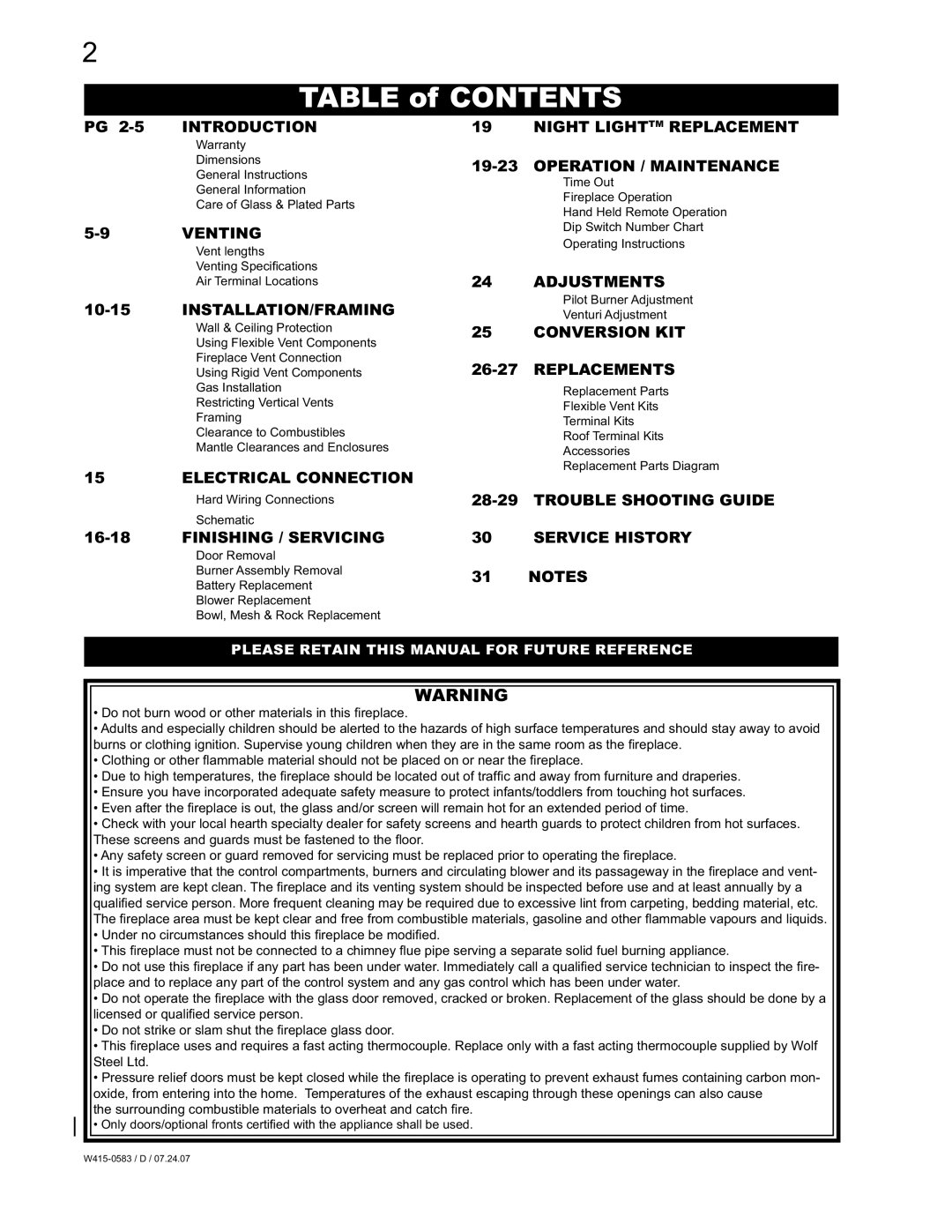 Napoleon Fireplaces GD82PT-T, GD82NT-T manual Table of Contents 