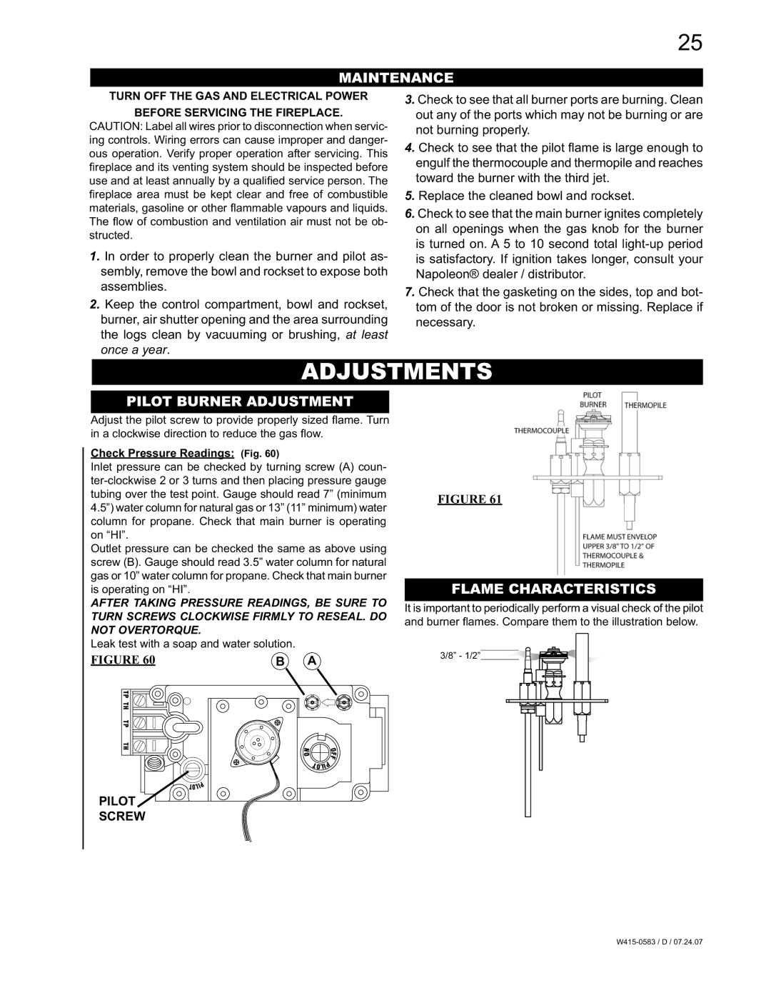 Napoleon Fireplaces GD82NT-T, GD82PT-T manual Adjustments, Maintenance, Pilot Burner Adjustment, Flame Characteristics 