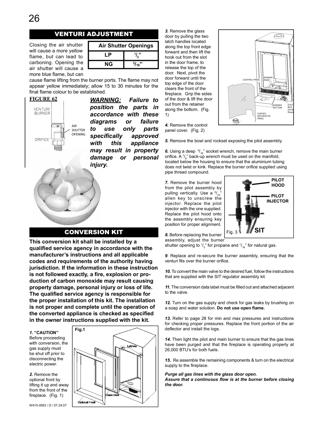 Napoleon Fireplaces GD82PT-T, GD82NT-T manual Venturi Adjustment, Conversion KIT, Closing the air shutter 