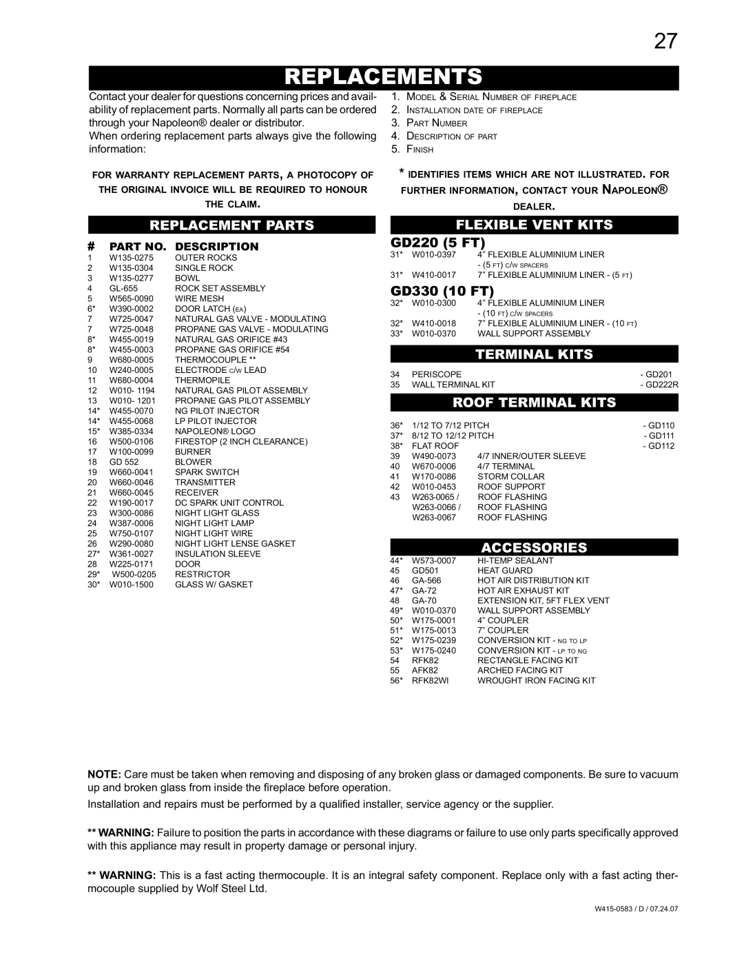 Napoleon Fireplaces GD82NT-T, GD82PT-T manual Replacements 