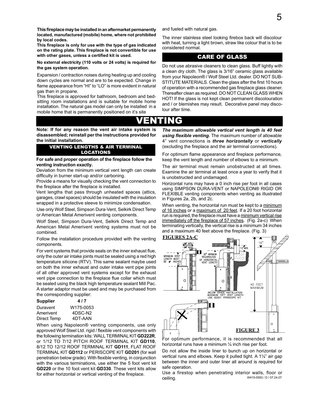 Napoleon Fireplaces GD82NT-T, GD82PT-T manual Care of Glass, Venting Lengths & AIR Terminal Locations 