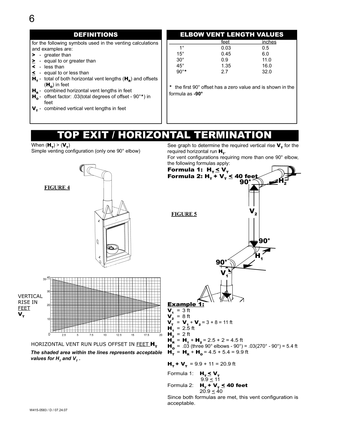 Napoleon Fireplaces GD82PT-T, GD82NT-T manual TOP Exit / Horizontal Termination, Definitions, Elbow Vent Length Values 