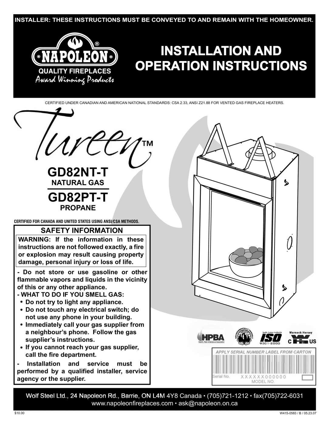 Napoleon Fireplaces GD82NT-T, GD82PT-T manual Installation Operation Instructions 