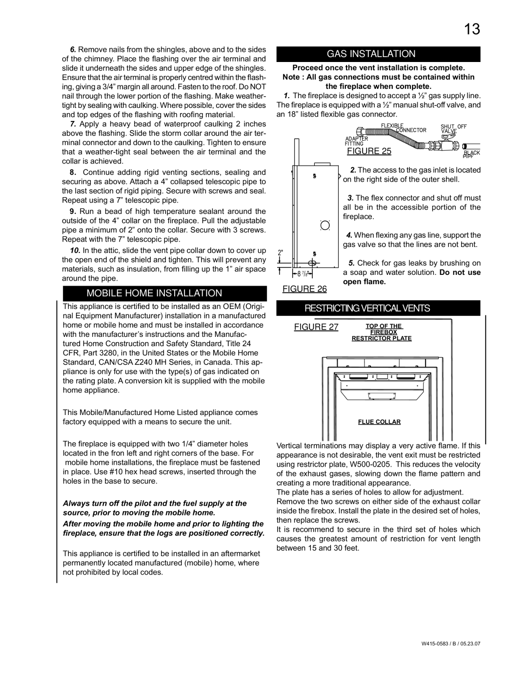 Napoleon Fireplaces GD82NT-T, GD82PT-T manual GAS Installation, Mobile Home Installation, Restricting Vertical Vents 