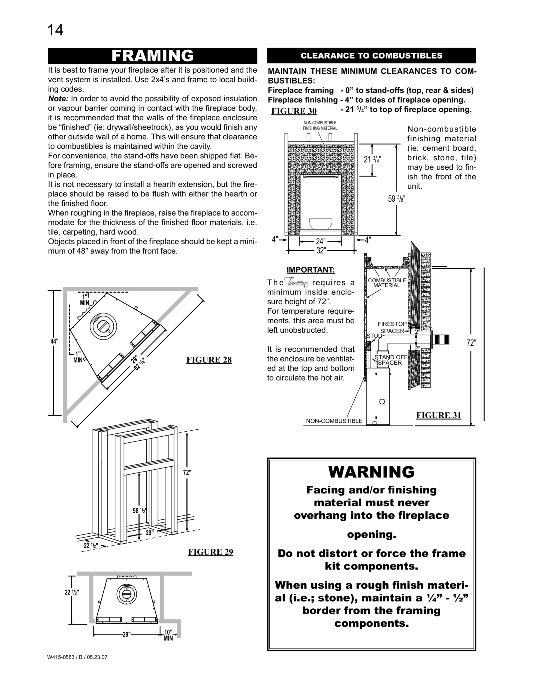 Napoleon Fireplaces GD82PT-T, GD82NT-T manual Framing, Clearance to Combustibles 