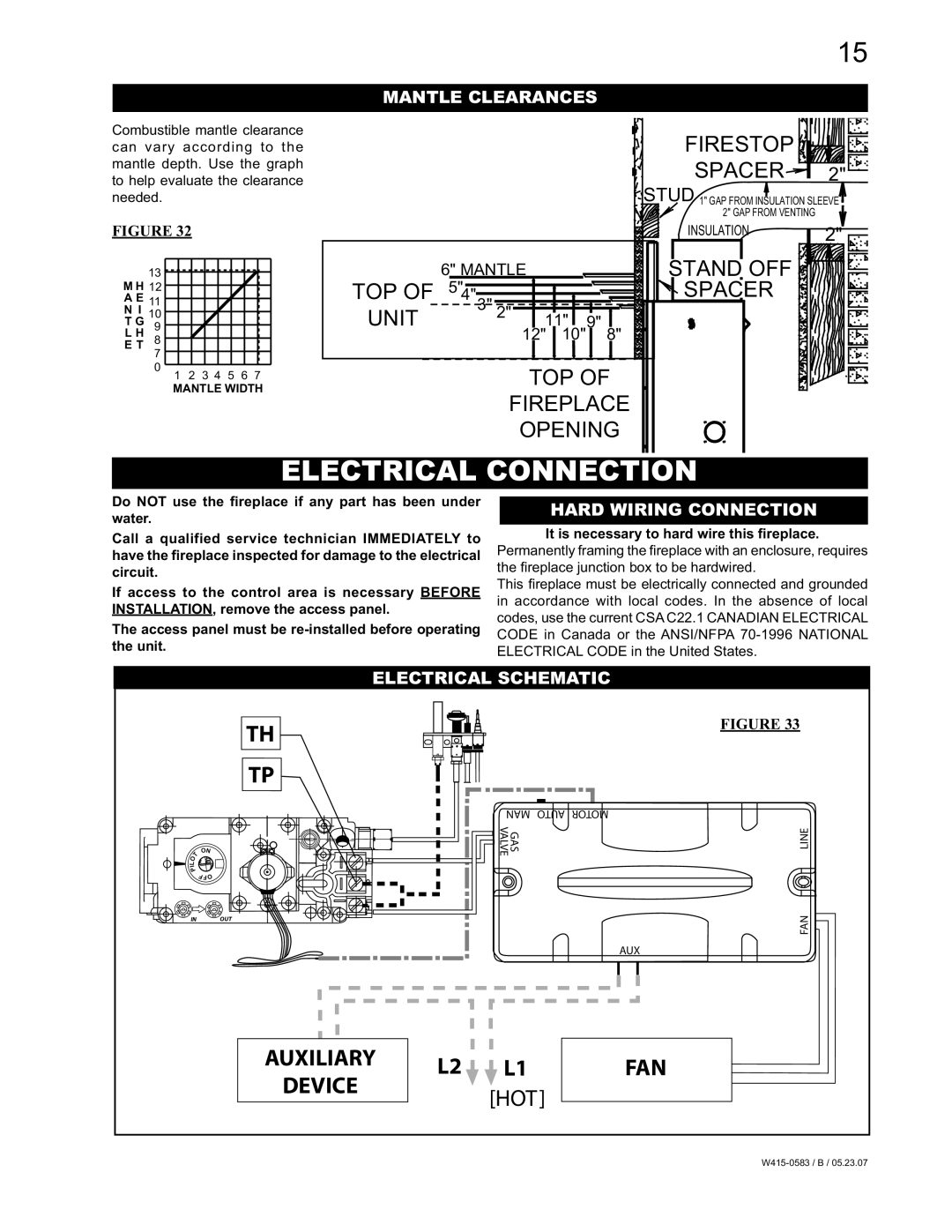 Napoleon Fireplaces GD82NT-T manual Electrical Connection, Mantle Clearances, Hard Wiring Connection, Electrical Schematic 