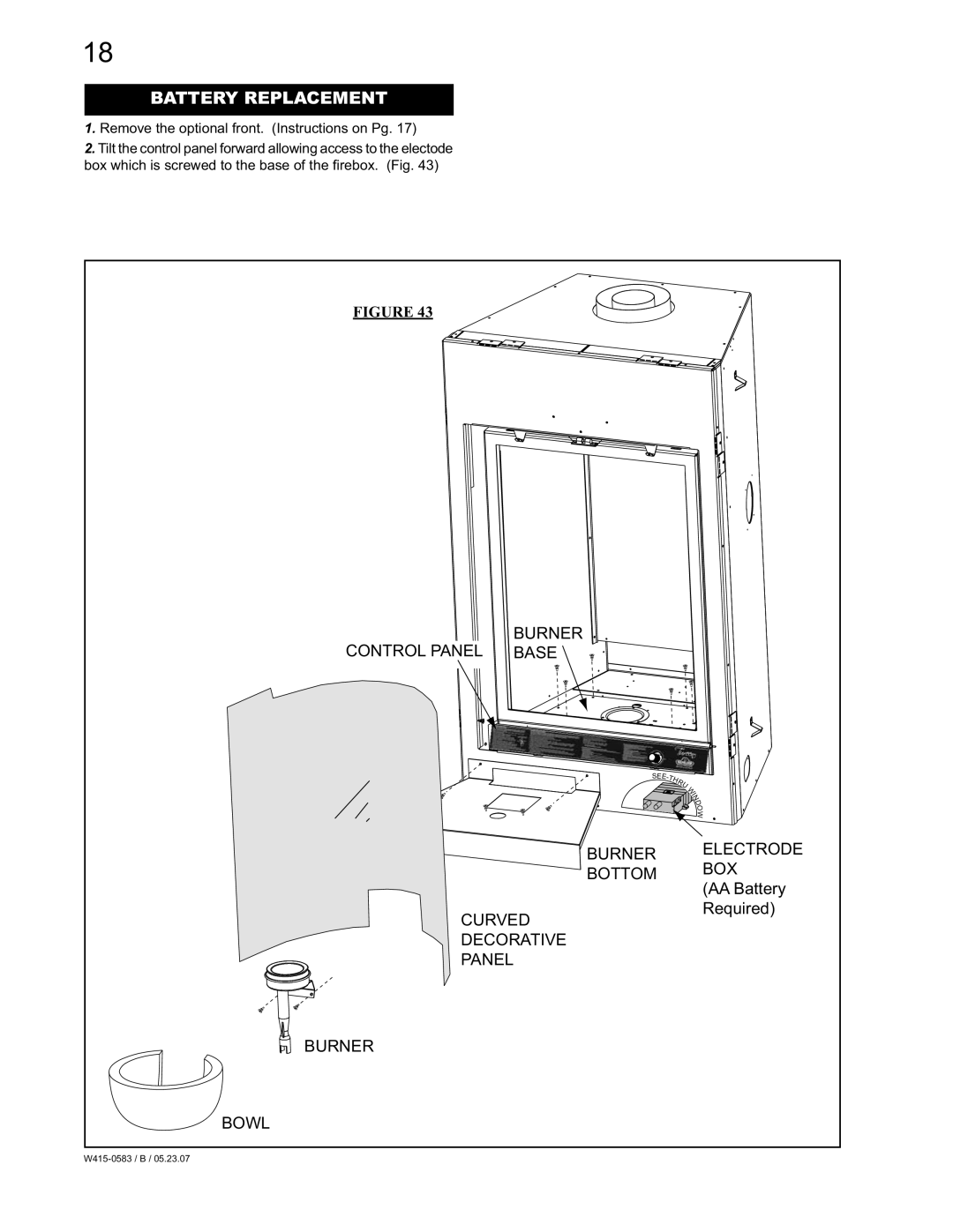 Napoleon Fireplaces GD82PT-T, GD82NT-T manual Battery Replacement, Remove the optional front. Instructions on Pg 