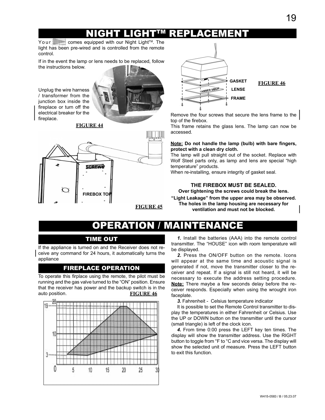 Napoleon Fireplaces GD82NT-T, GD82PT-T Night Lighttm Replacement, Operation / Maintenance, Time OUT, Fireplace Operation 