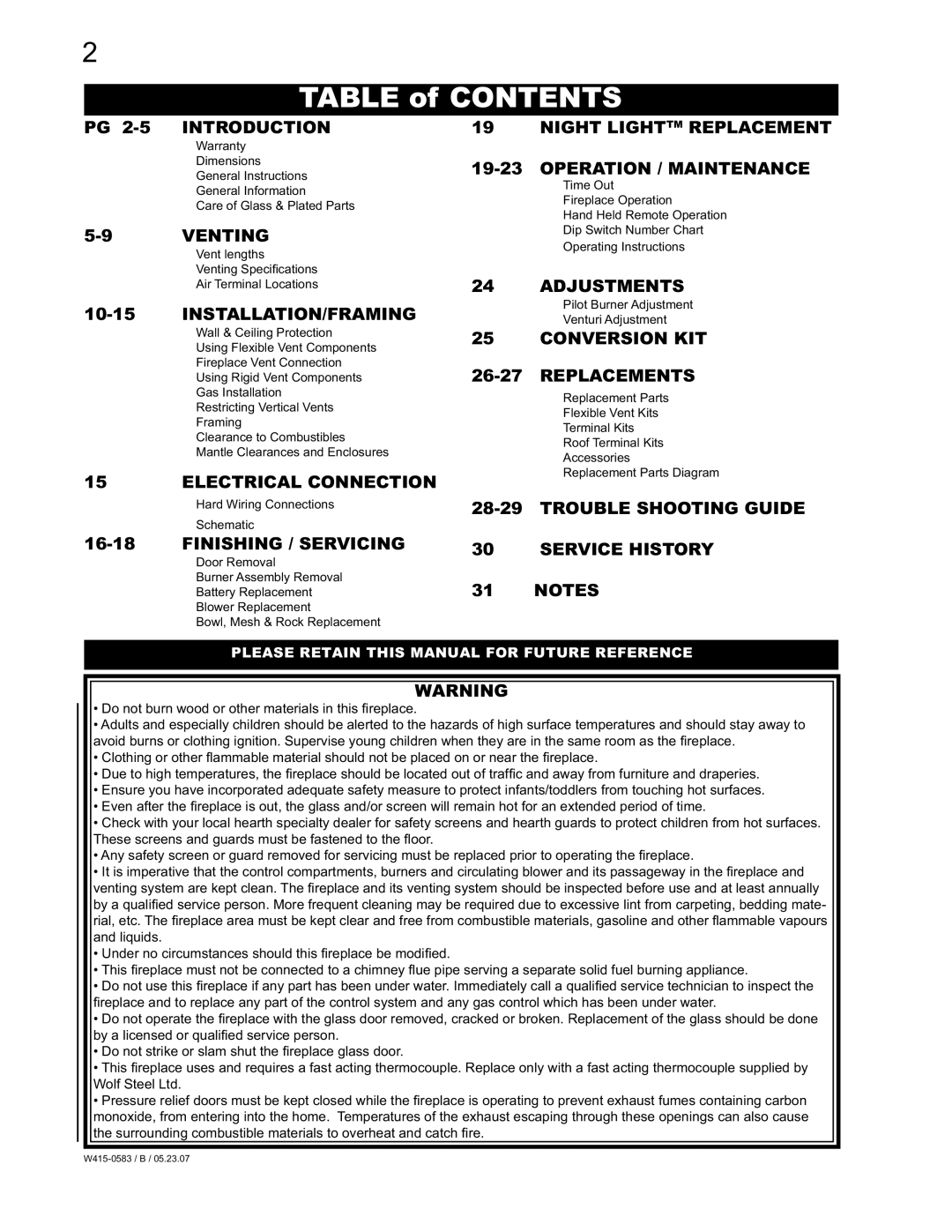 Napoleon Fireplaces GD82PT-T, GD82NT-T manual Table of Contents 