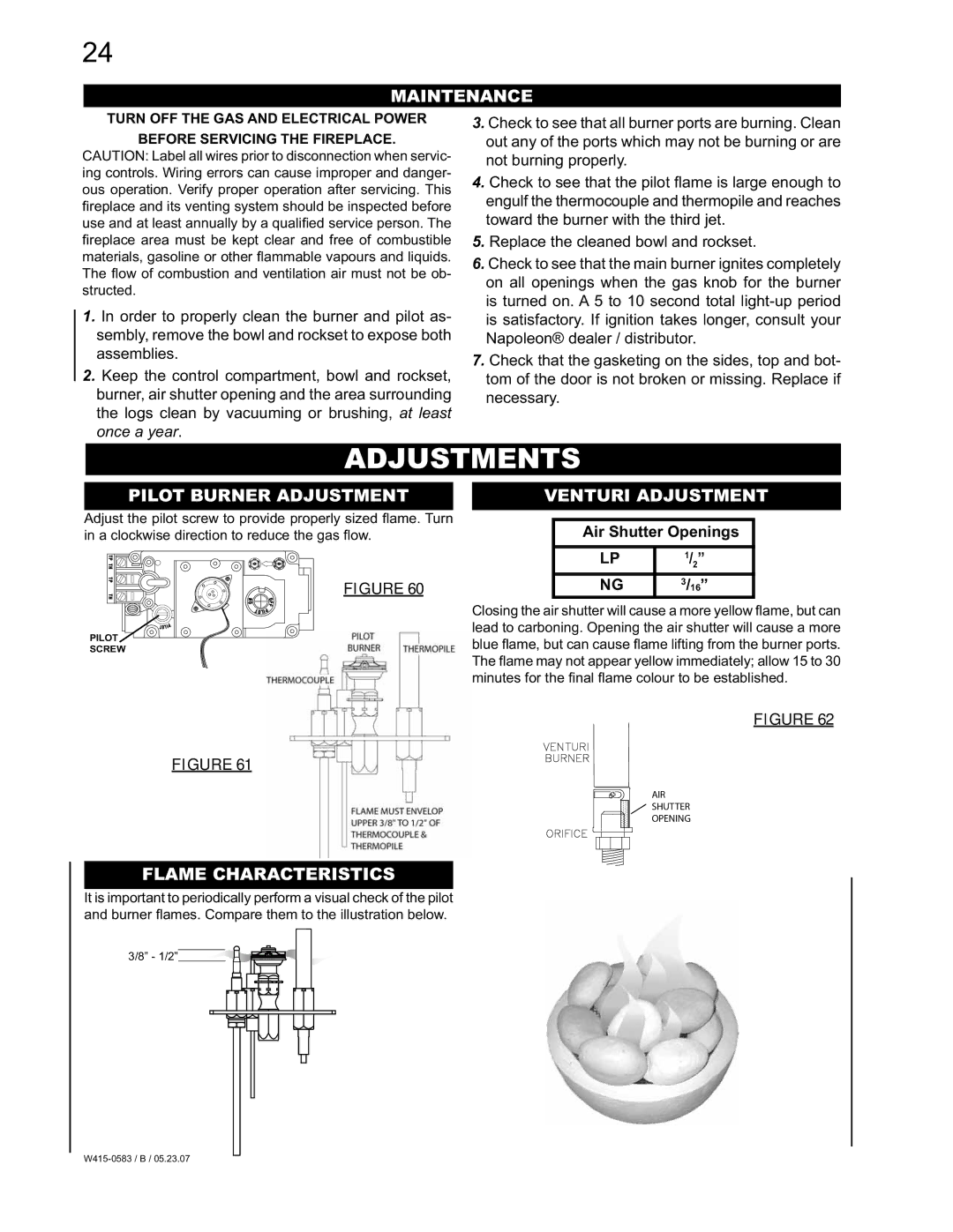 Napoleon Fireplaces GD82PT-T Adjustments, Maintenance, Pilot Burner Adjustment, Venturi Adjustment, Flame Characteristics 