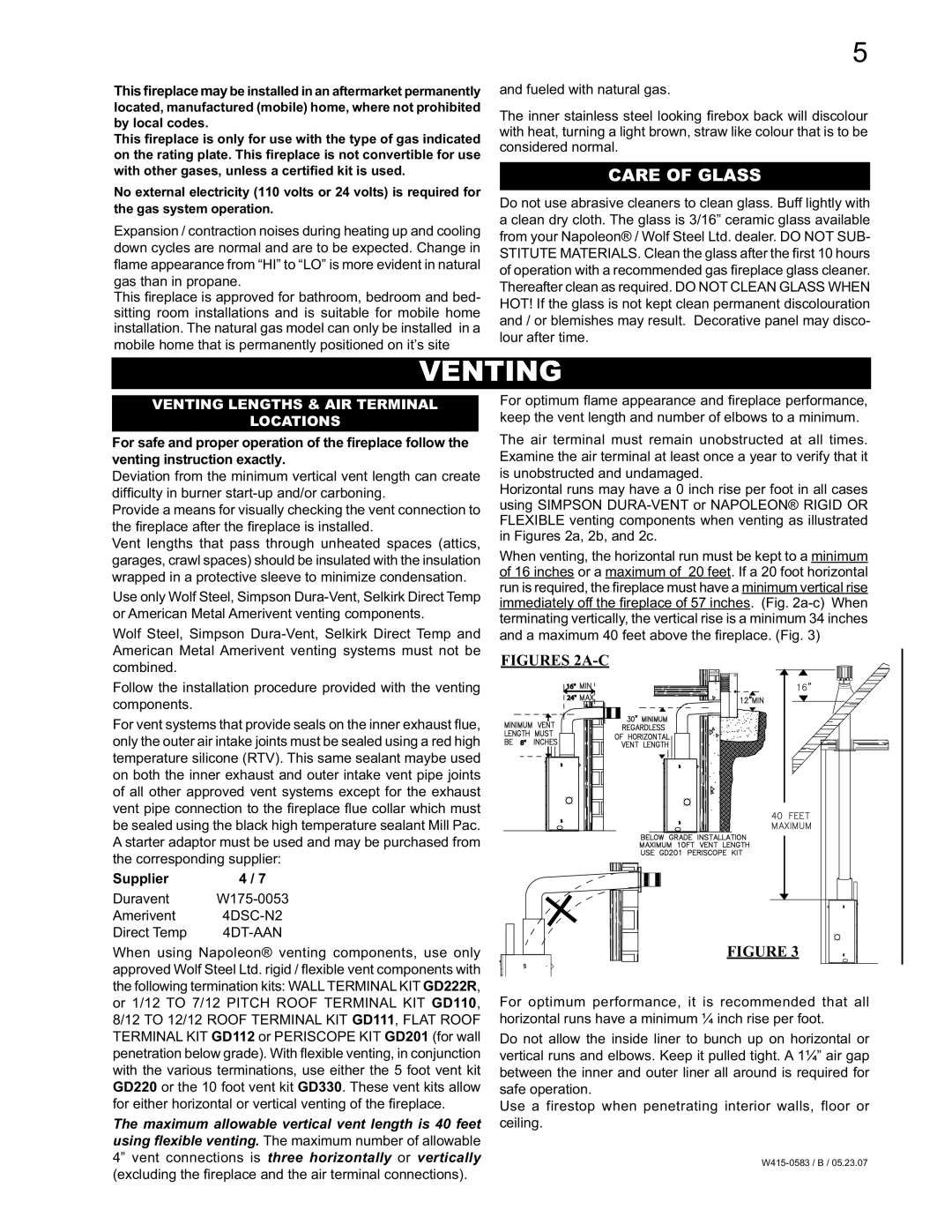 Napoleon Fireplaces GD82NT-T, GD82PT-T manual Care of Glass, Venting Lengths & AIR Terminal Locations 