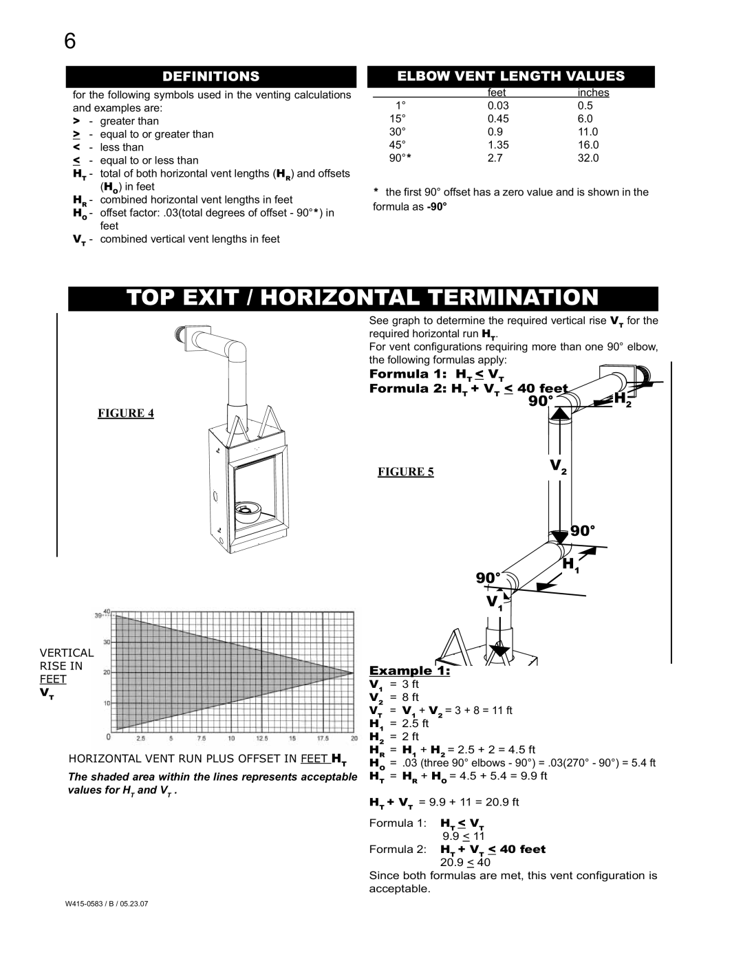 Napoleon Fireplaces GD82PT-T, GD82NT-T manual TOP Exit / Horizontal Termination, Definitions, Elbow Vent Length Values 