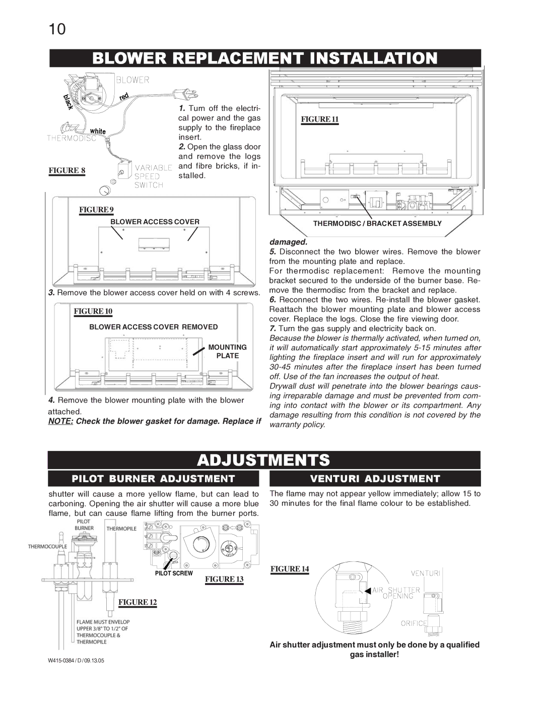 Napoleon Fireplaces GDI-30P Blower Replacement Installation, Adjustments, Pilot Burner Adjustment, Venturi Adjustment 