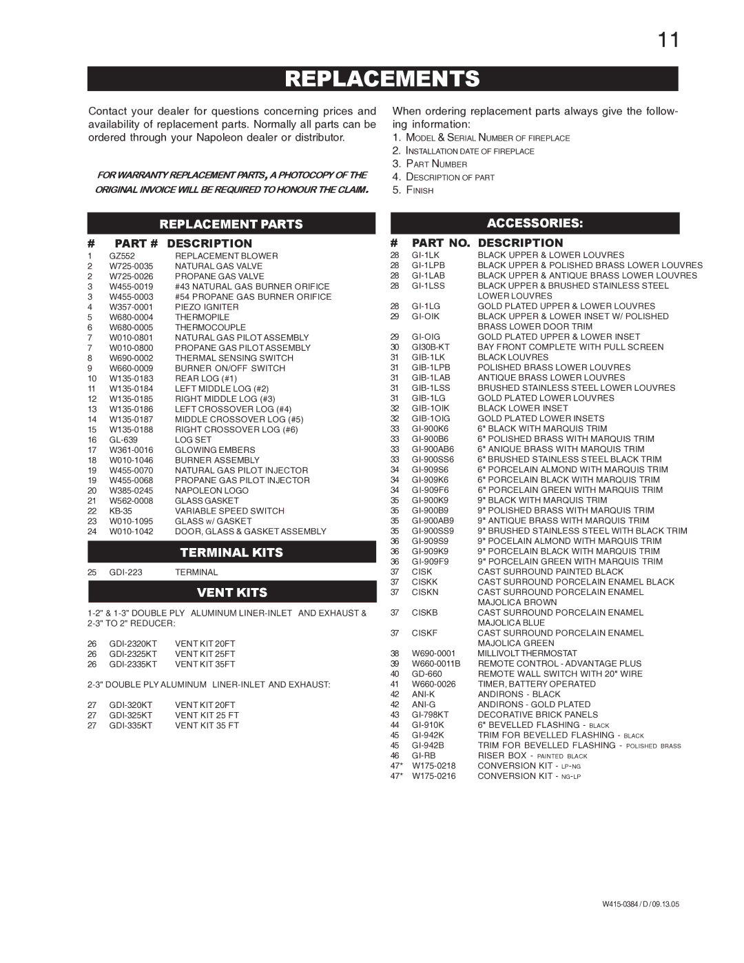 Napoleon Fireplaces GDI-30N, GDI-30P manual Replacements, Replacement Parts 