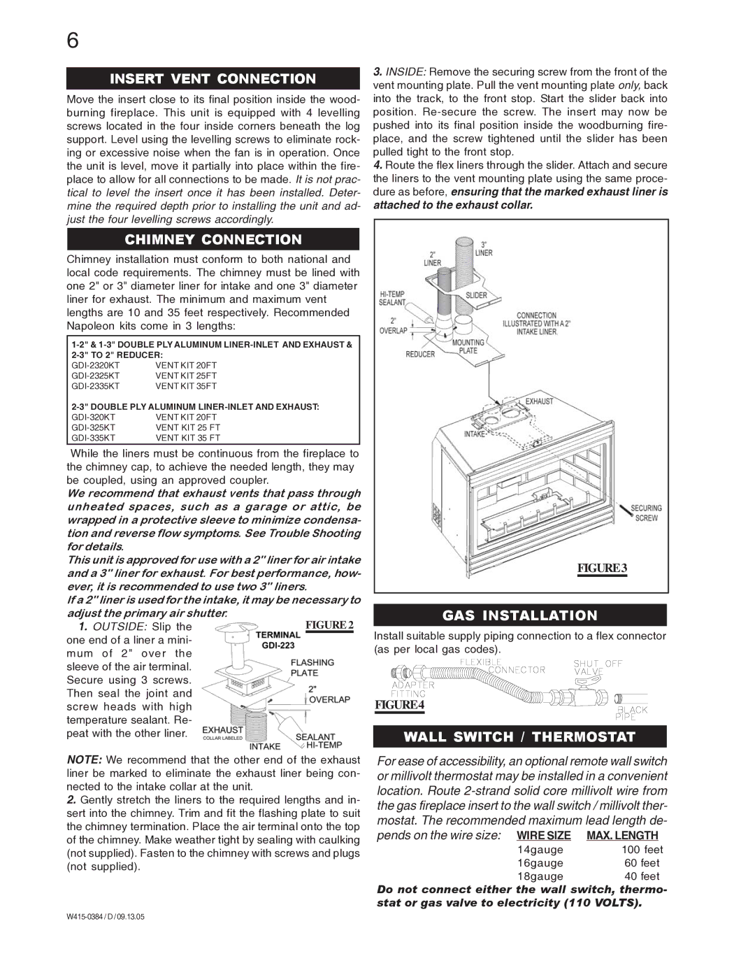 Napoleon Fireplaces GDI-30P manual Insert Vent Connection, Chimney Connection, GAS Installation, Wall Switch / Thermostat 