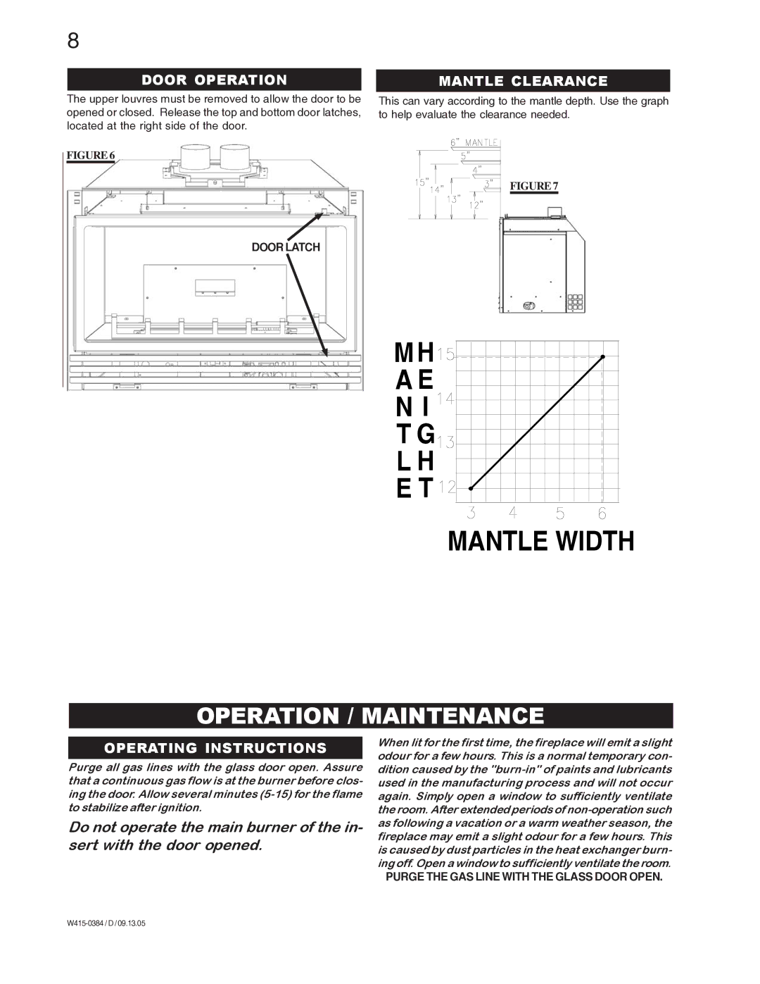 Napoleon Fireplaces GDI-30P, GDI-30N Operation / Maintenance, Door Operation, Mantle Clearance, Operating Instructions 