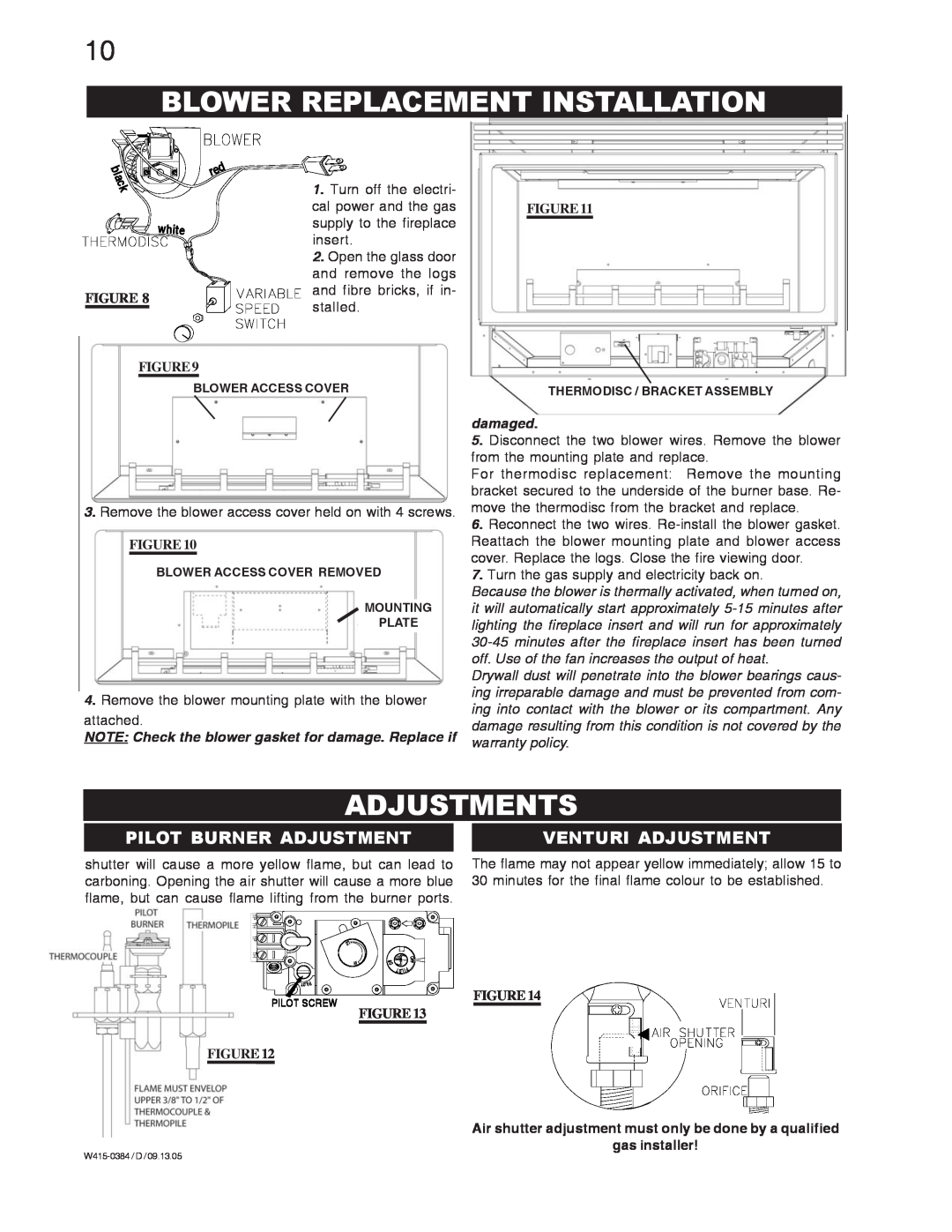 Napoleon Fireplaces GDI-30P Blower Replacement Installation, Adjustments, Pilot Burner Adjustment, Venturi Adjustment 