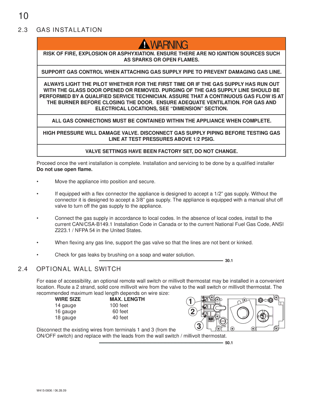 Napoleon Fireplaces GDI30 manual GAS Installation, Optional Wall Switch 