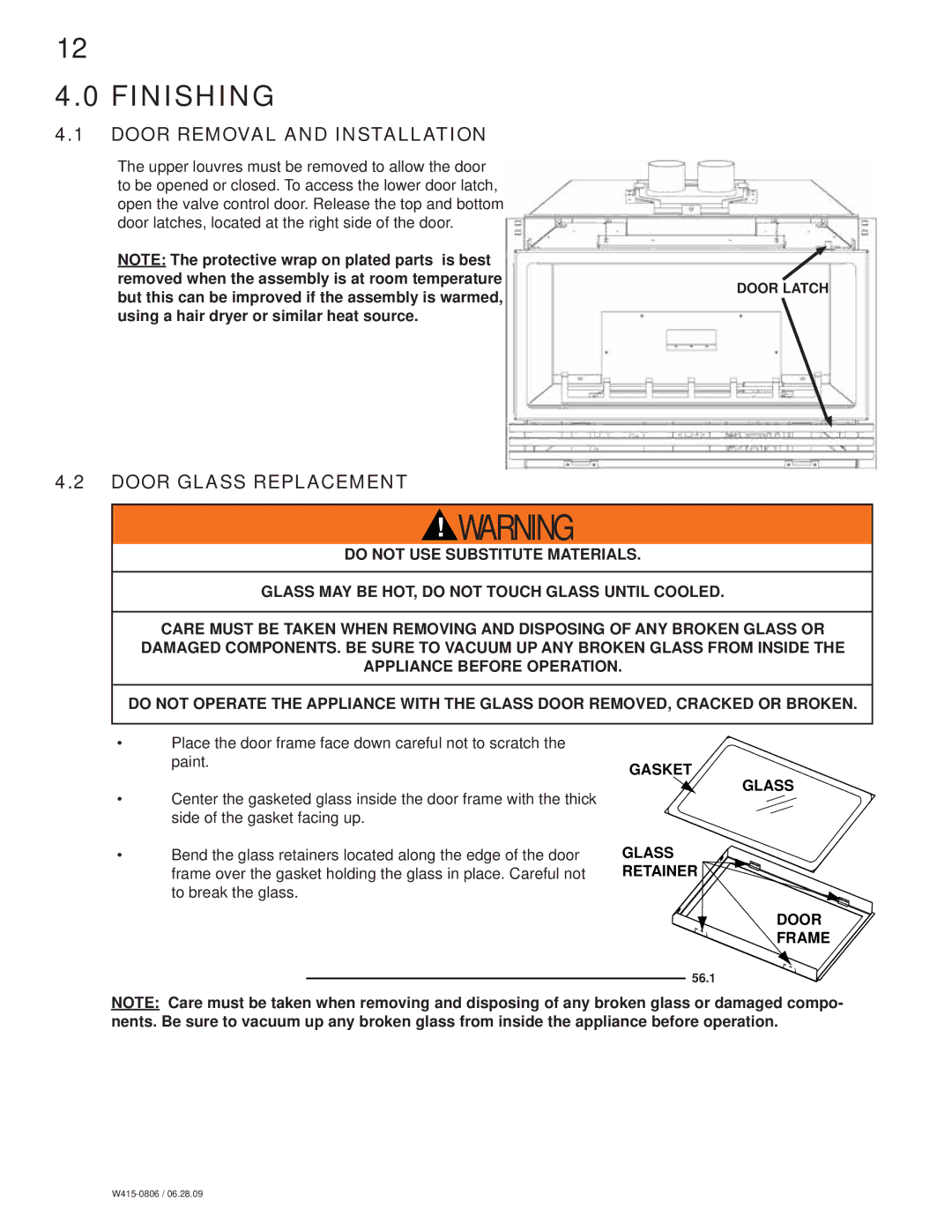 Napoleon Fireplaces GDI30 manual Finishing, Door Removal and Installation, Door Glass Replacement 