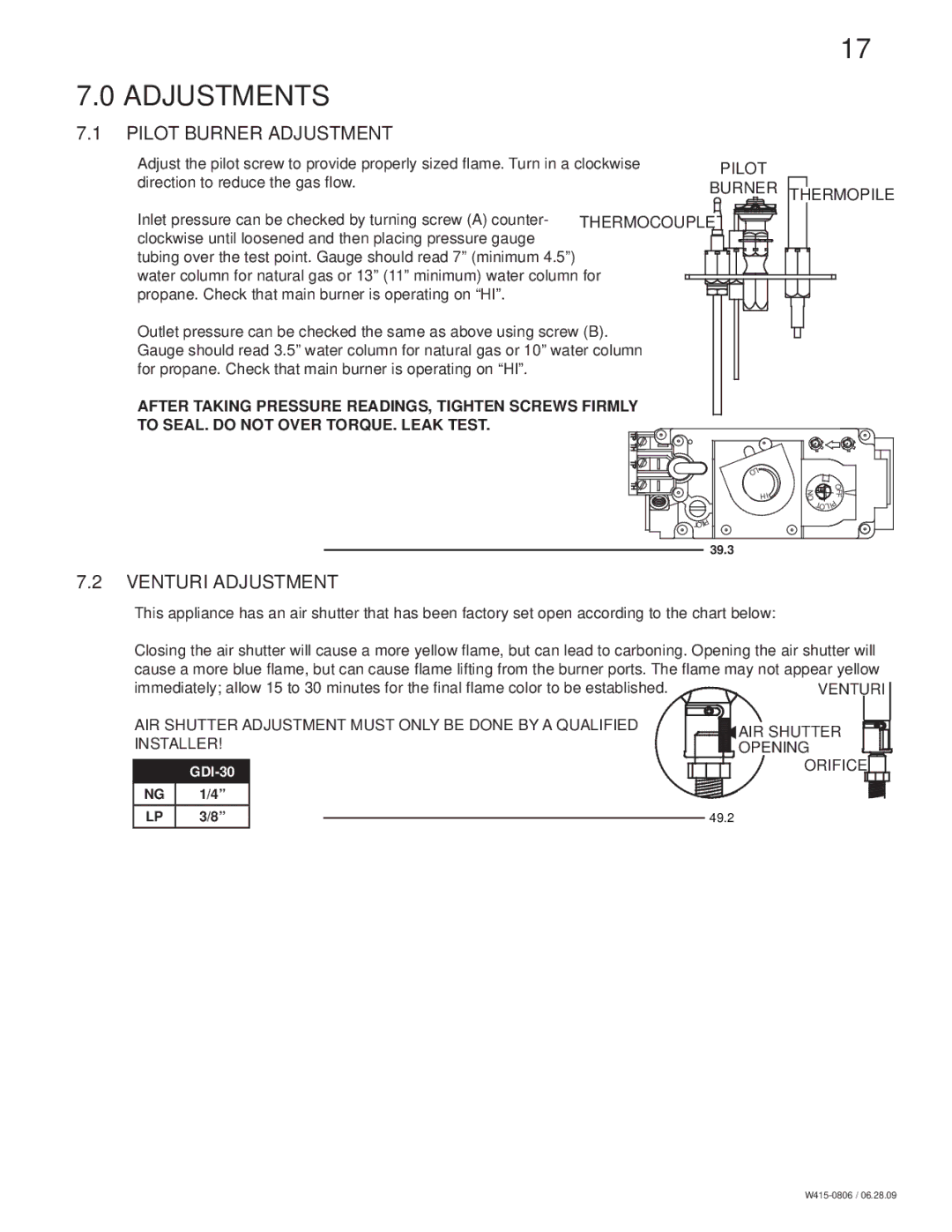 Napoleon Fireplaces GDI30 manual Adjustments, Pilot Burner Adjustment, Venturi Adjustment 