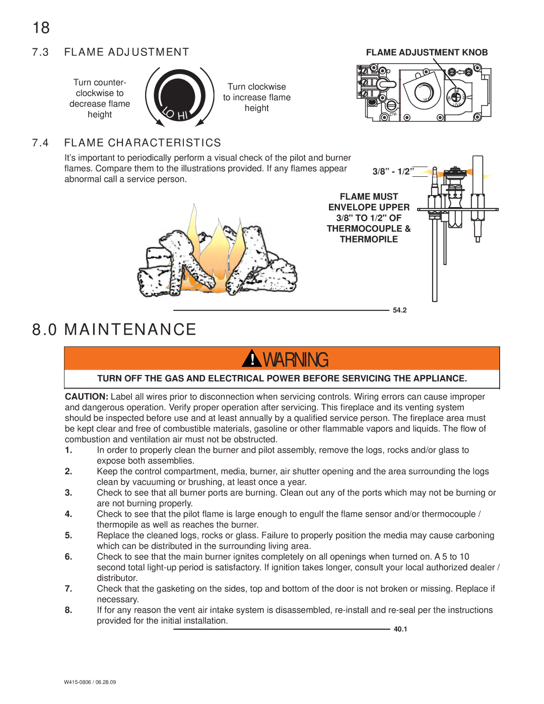 Napoleon Fireplaces GDI30 manual Maintenance, Flame Adjustment, Flame Characteristics 