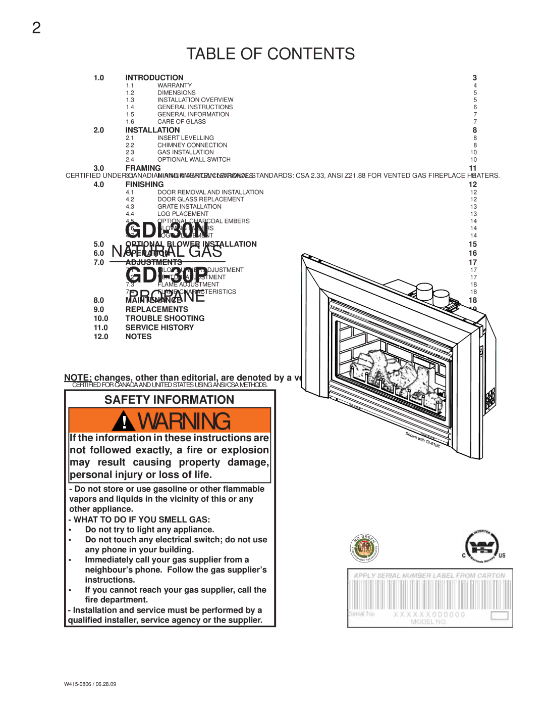 Napoleon Fireplaces GDI30 manual Table of Contents 