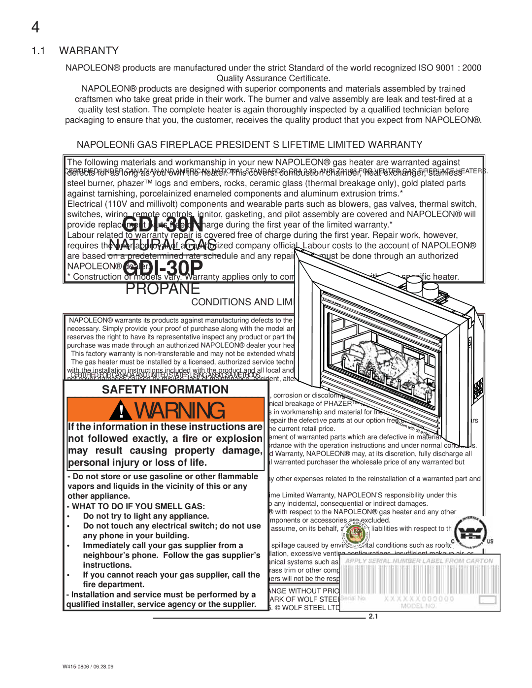 Napoleon Fireplaces GDI30 manual Warranty, Conditions and Limitations 