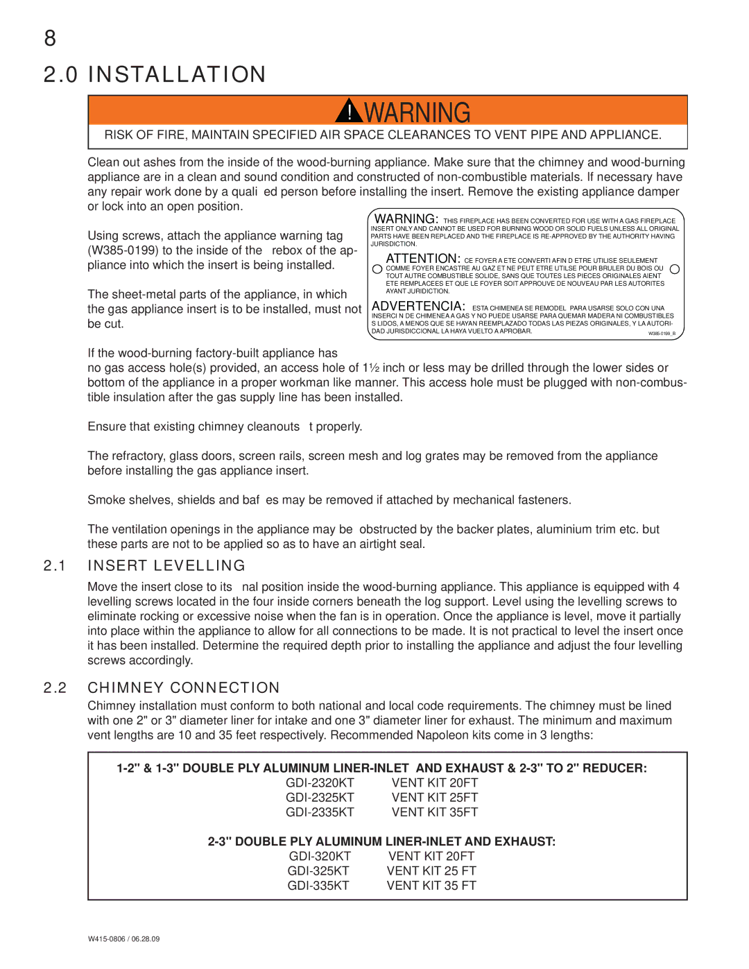 Napoleon Fireplaces GDI30 manual Installation, Insert Levelling, Chimney Connection 