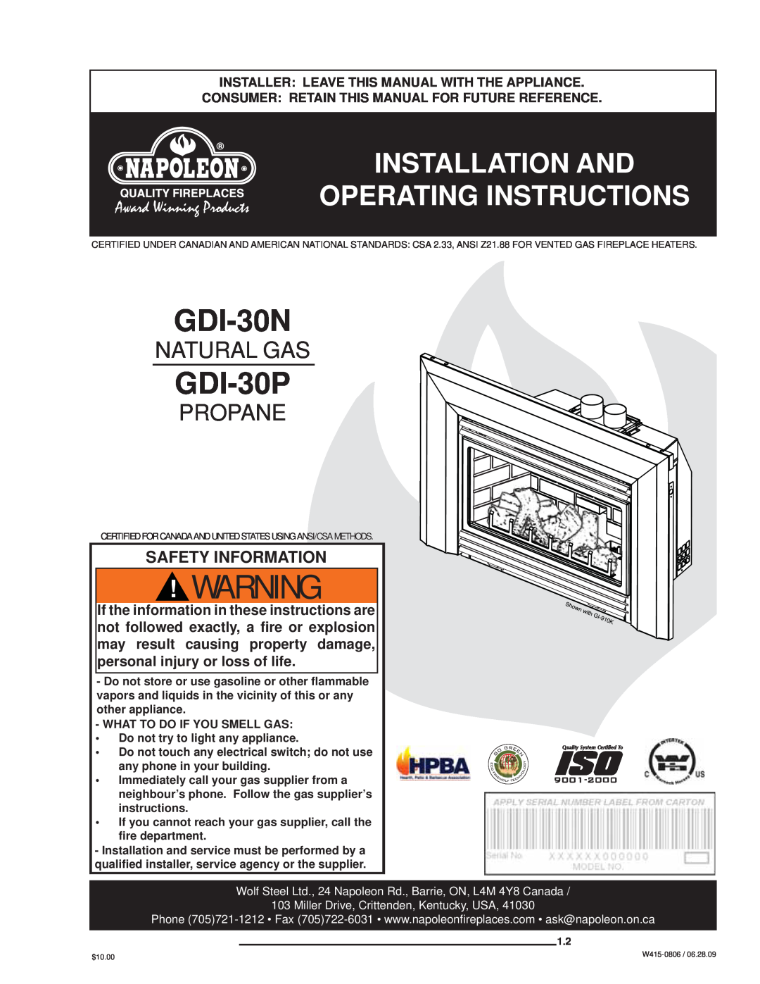 Napoleon Fireplaces GDI30 manual Natural Gas, Propane, Installer: Leave This Manual With The Appliance, GDI-30N, GDI-30P 
