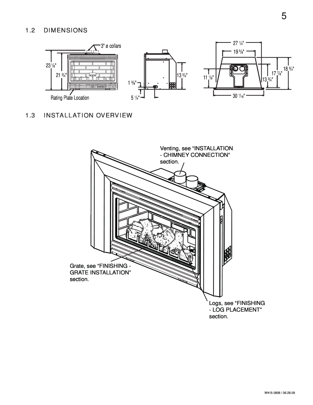 Napoleon Fireplaces GDI30 1.2DIMENSIONS, 1.3INSTALLATION OVERVIEW, 3 ø collars, 27 1/4, 19 5/8, 21 3/4, 1 3/8, 13 3/4 