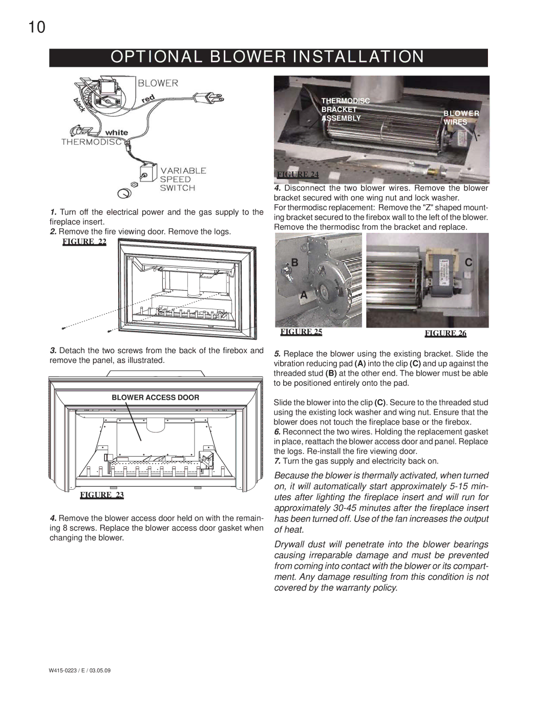 Napoleon Fireplaces GDIZC-N manual Optional Blower Installation 