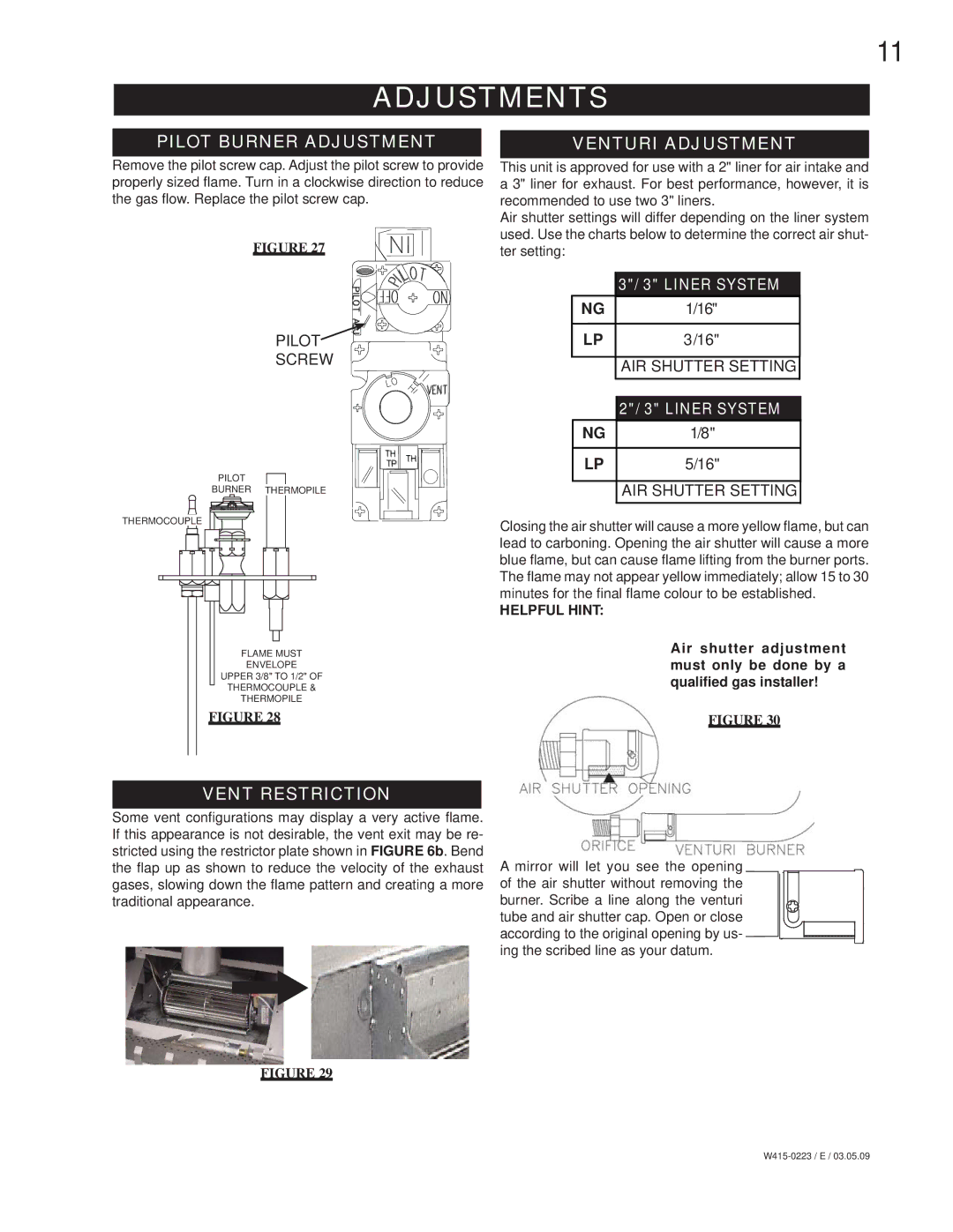 Napoleon Fireplaces GDIZC-N manual Adjustments, Pilot Burner Adjustment, Venturi Adjustment, Vent Restriction 