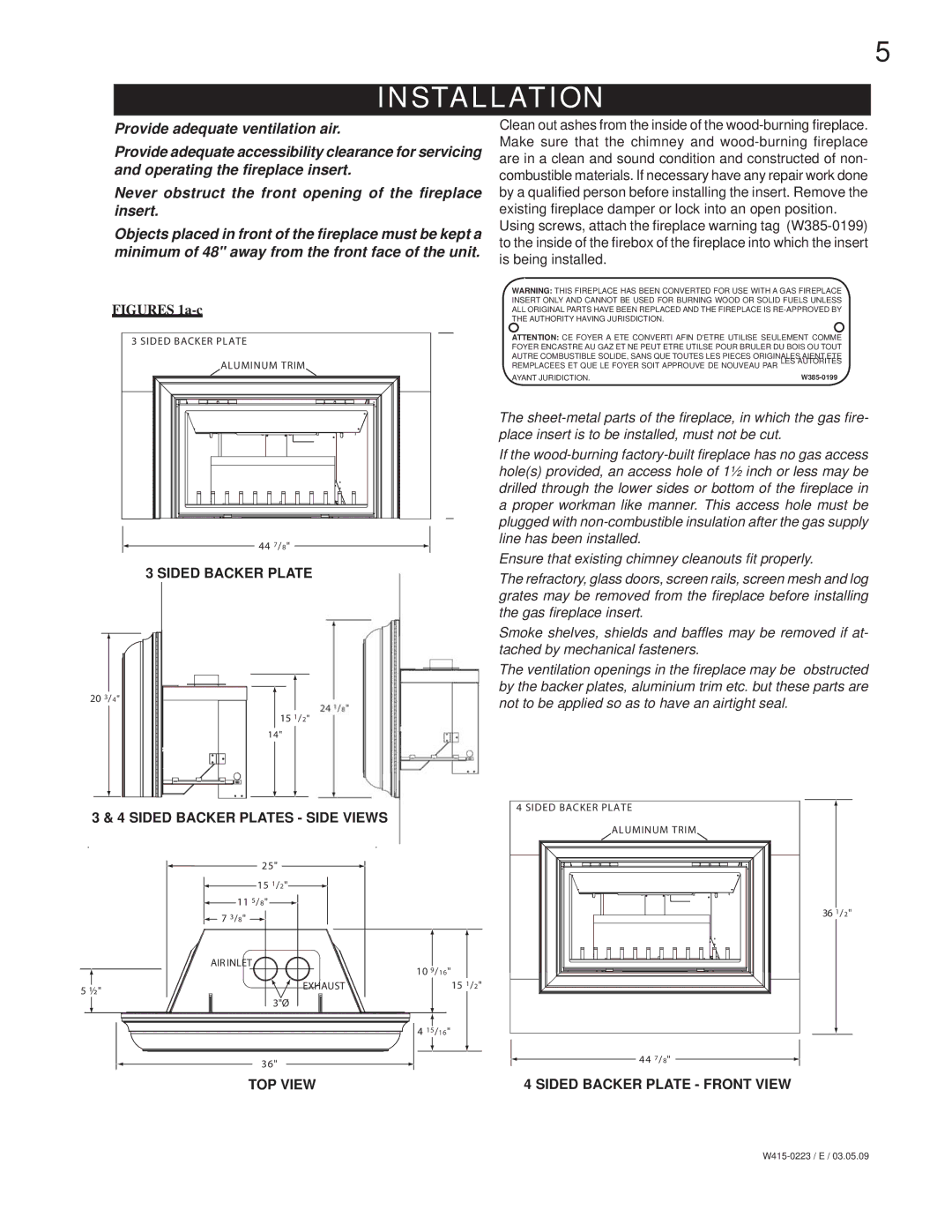 Napoleon Fireplaces GDIZC-N manual Installation, Sided Backer Plates Side Views 