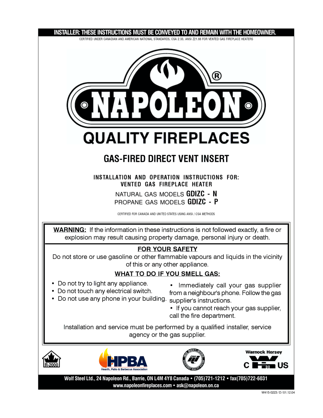 Napoleon Fireplaces GDIZC-N, GDIZC-P manual GAS-FIRED Direct Vent Insert 