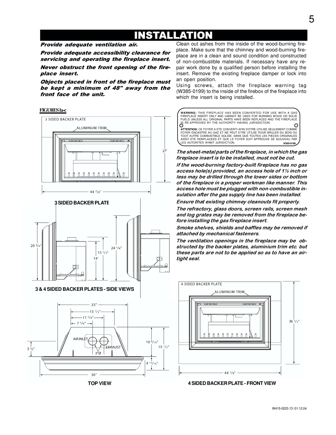 Napoleon Fireplaces GDIZC-N, GDIZC-P Installation, Sided Backer Plate Front View, Sided Backer Plates Side Views TOP View 