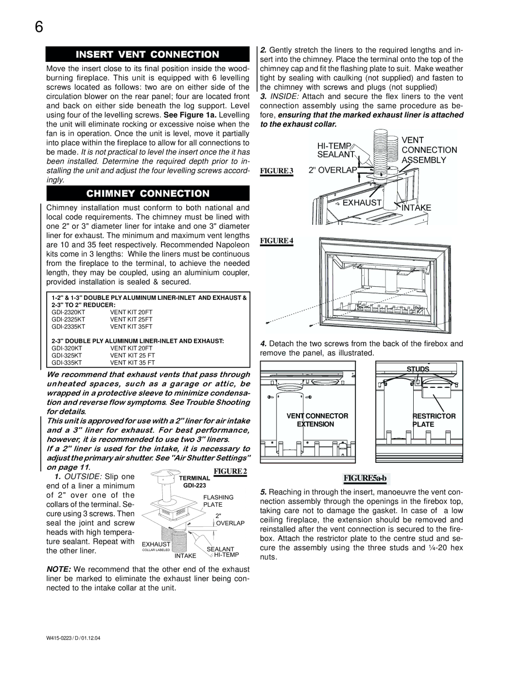 Napoleon Fireplaces GDIZC-P, GDIZC-N manual Insert Vent Connection, Chimney Connection 