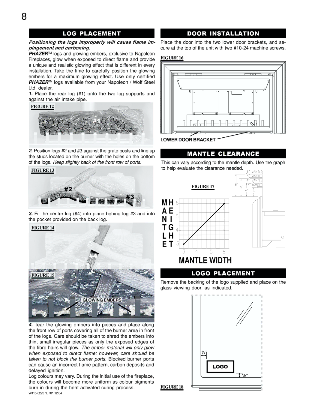 Napoleon Fireplaces GDIZC-P manual LOG Placement, Door Installation, Mantle Clearance, Logo Placement, Lower Door Bracket 