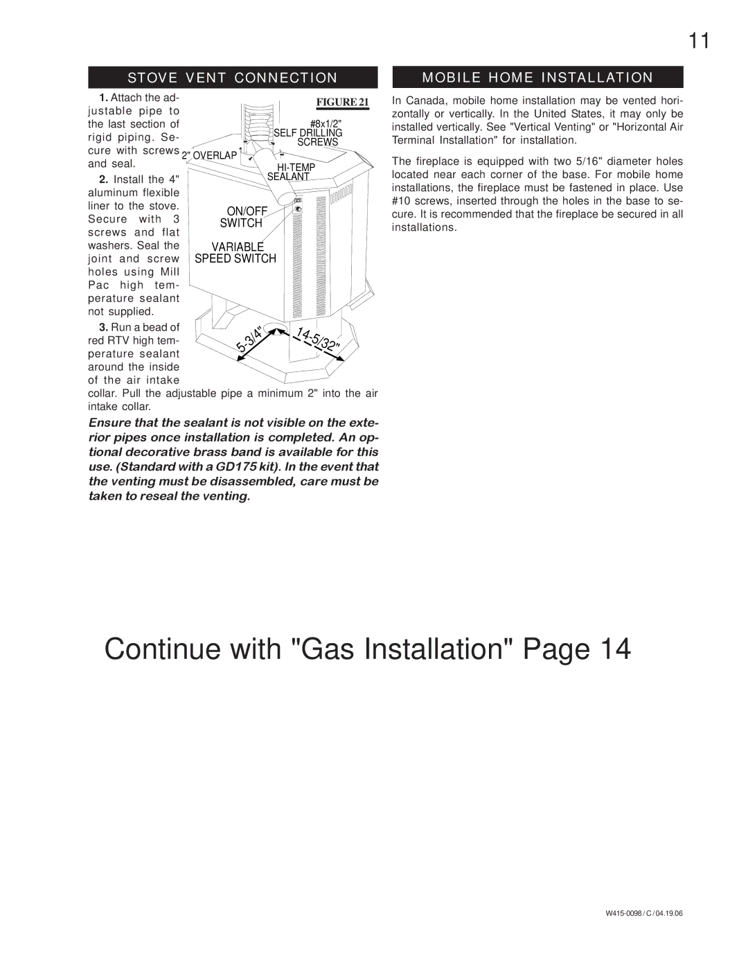 Napoleon Fireplaces GDS 50-P, GDS 50-N manual Stove Vent Connection, Mobile Home Installation 