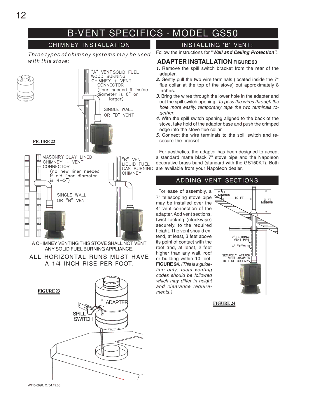 Napoleon Fireplaces GDS 50-N Vent Specifics Model GS50, Chimney Installation, Installing B Vent, Adding Vent Sections 