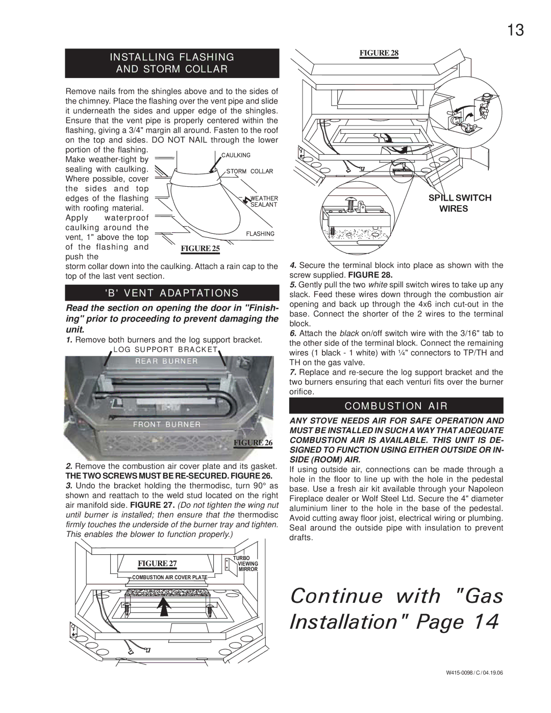 Napoleon Fireplaces GDS 50-P, GDS 50-N manual Installing Flashing Storm Collar, Vent Adaptations, Combustion AIR 