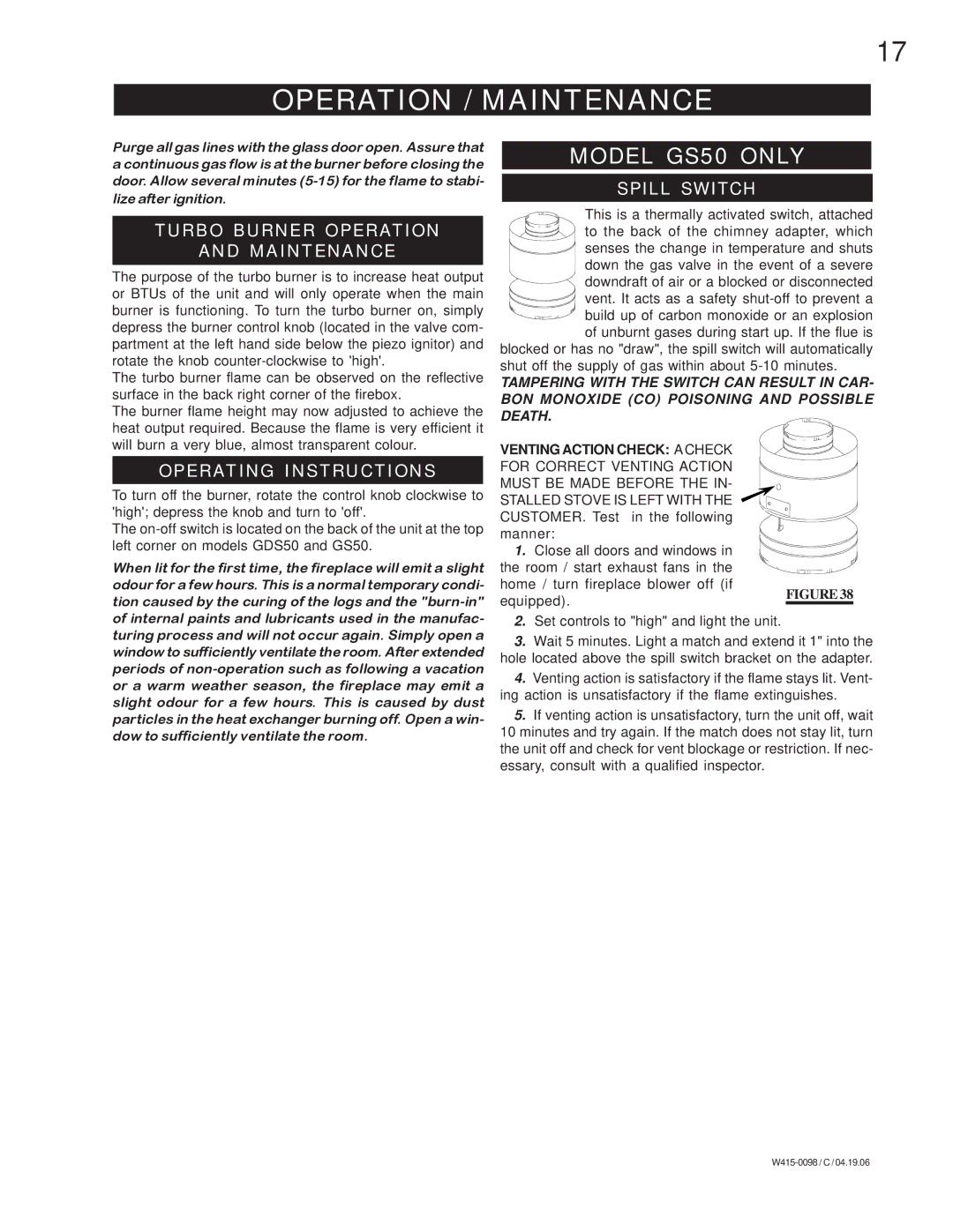 Napoleon Fireplaces GDS 50-P, GDS 50-N Operation / Maintenance, Turbo Burner Operation Maintenance, Operating Instructions 