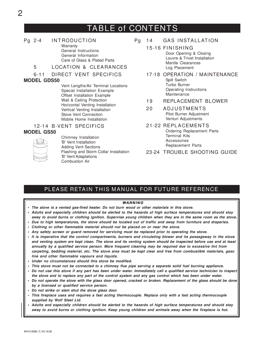 Napoleon Fireplaces GDS 50-N, GDS 50-P manual Table of Contents 