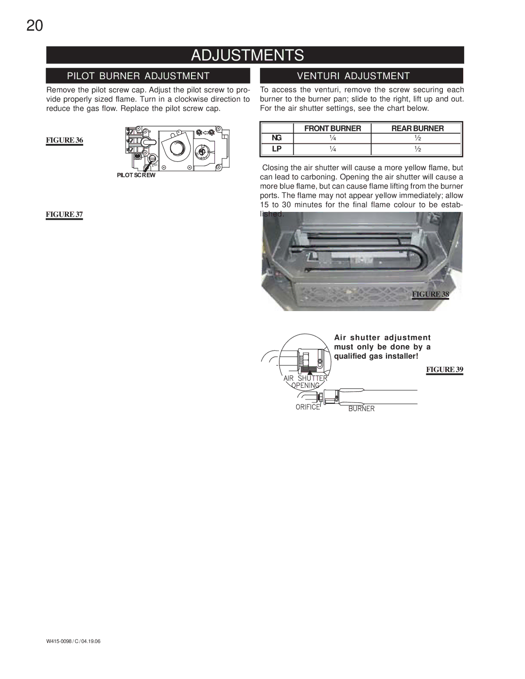 Napoleon Fireplaces GDS 50-N, GDS 50-P Adjustments, Pilot Burner Adjustment, Venturi Adjustment, Front Burner Rear Burner 