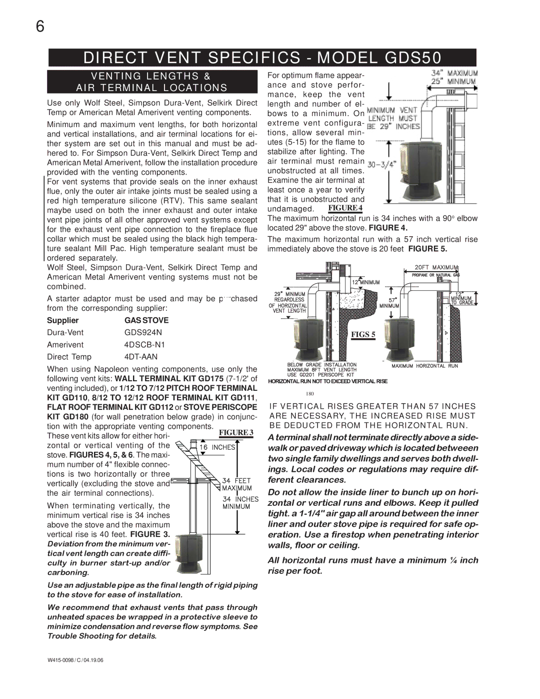 Napoleon Fireplaces GDS 50-N manual Direct Vent Specifics Model GDS50, Venting Lengths AIR Terminal Locations, GAS Stove 