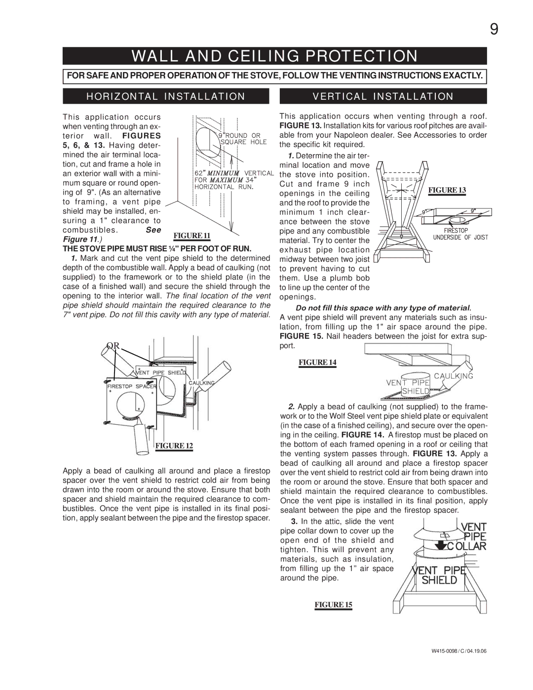 Napoleon Fireplaces GDS 50-P, GDS 50-N manual Wall and Ceiling Protection, Horizontal Installation Vertical Installation 