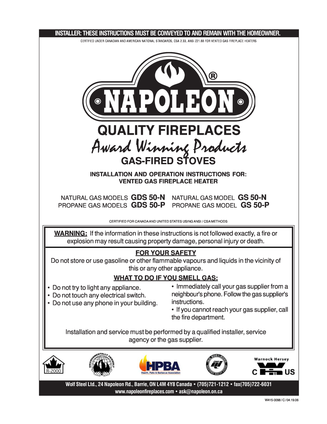 Napoleon Fireplaces GDS 50-P manual For Your Safety, What To Do If You Smell Gas, Gas-Firedstoves, GS 50-NGS 50-P 