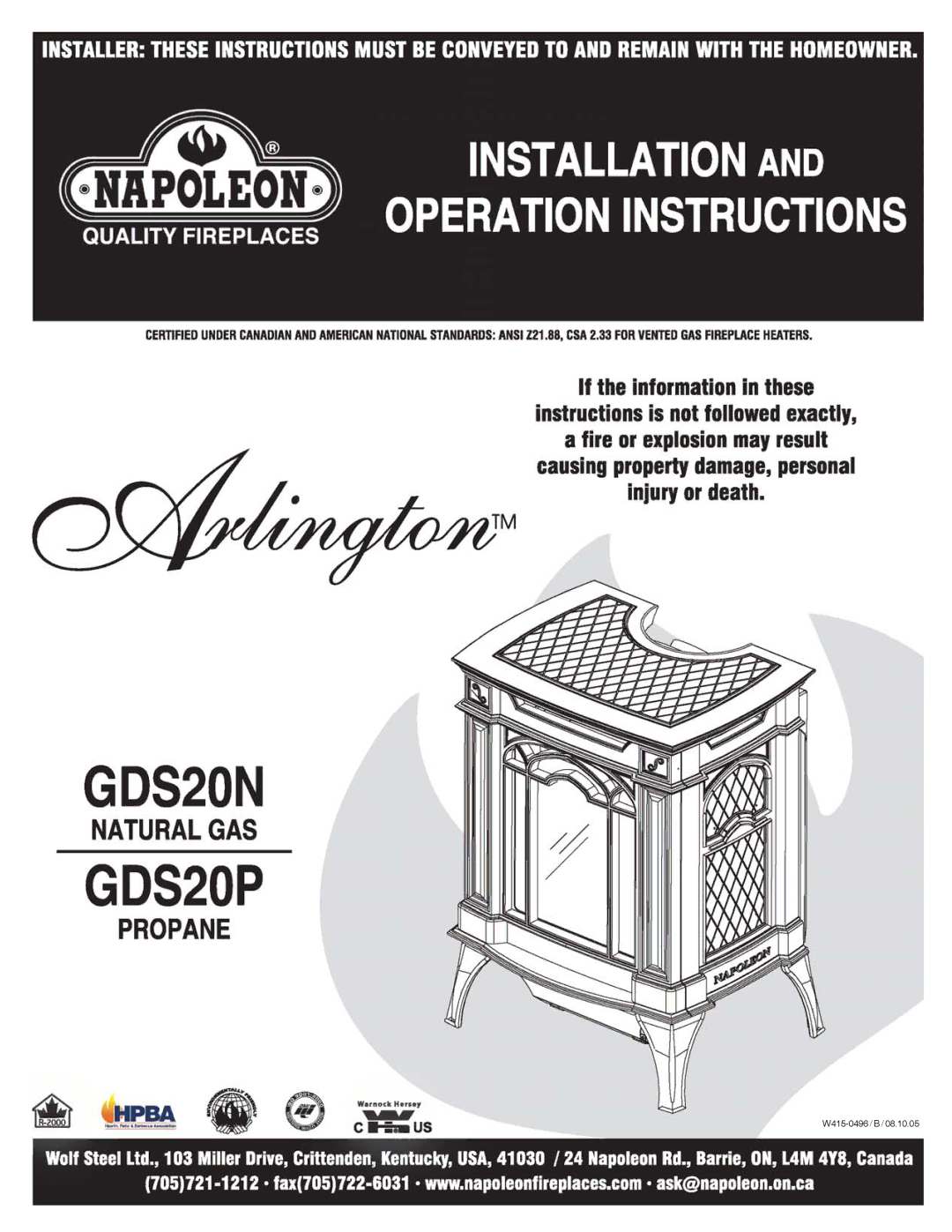 Napoleon Fireplaces Arlington GDS20N, GDS20P manual W415-0496 / B 