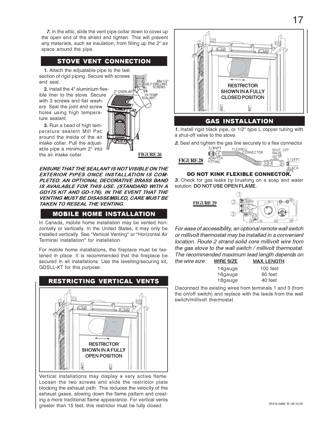 Napoleon Fireplaces Arlington GDS20N, GDS20P Stove Vent Connection, Mobile Home Installation, Restricting Vertical Vents 